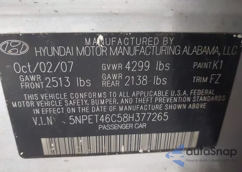 2008 Hyundai Sonata Gls z USA, uszkodzony, nr VIN 5NPET46C58H377265